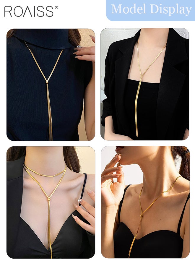 رويس طقم من 3 قطع من القلائد والأقراط الذهبية، سلسلة ذهبية طويلة وبسيطة على شكل عظمة ثعبان، قرط دائري مرصع بالألماس المصقول، سلسلة سترة على شكل حرف Y للحفلات والمآدب وحفلات الزفاف والارتداء اليومي - Image 2