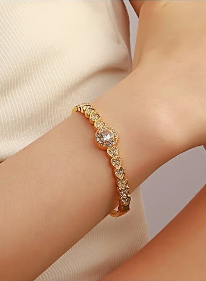 DAEVO 18K Gold Plated Luxury Heart‑Link Sparkling Zircon Open Cuff Bangle Women Elegant Bridal Wedding Daily Party Statement Gift Jewelry - Image 1