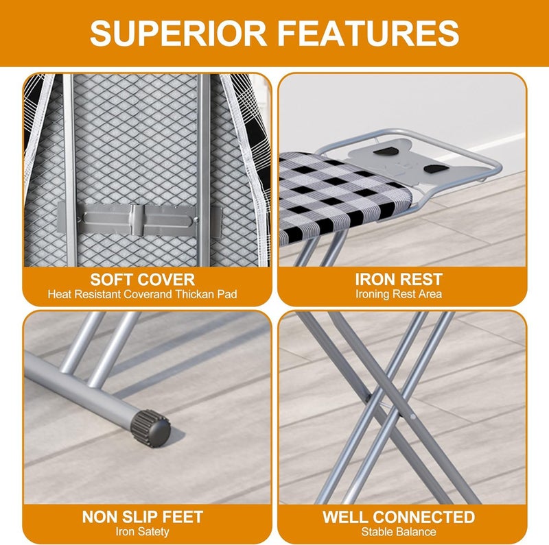 Jakeefud Ironing Board 13" X 43" W/Extra Thick Heavy Duty Padded Cover, Height Adjustable,Heat & Scorch Resistant Fabric, Anti-Skid Feet, Extra Wide, Easy to Fold Checkered Gray - Image 2