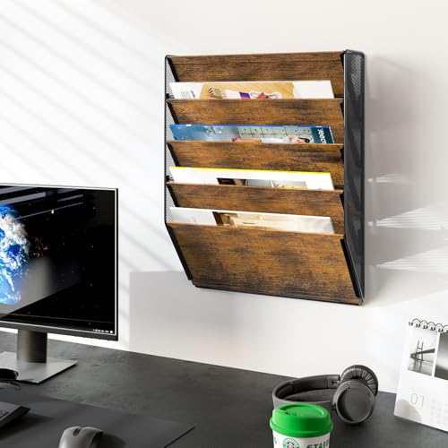 PAG Wall File Organizer for Office, 5-Tier Rustic Hanging File holder Wall Storage Rack for Documents/Magazine/Literature/File Folders/Mails/Envelopes, Brown - Image 4