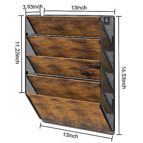 PAG Wall File Organizer for Office, 5-Tier Rustic Hanging File holder Wall Storage Rack for Documents/Magazine/Literature/File Folders/Mails/Envelopes, Brown - Image 3