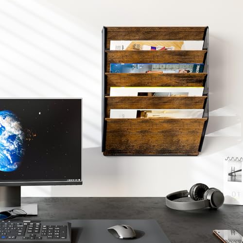 PAG Wall File Organizer for Office, 5-Tier Rustic Hanging File holder Wall Storage Rack for Documents/Magazine/Literature/File Folders/Mails/Envelopes, Brown - Image 5