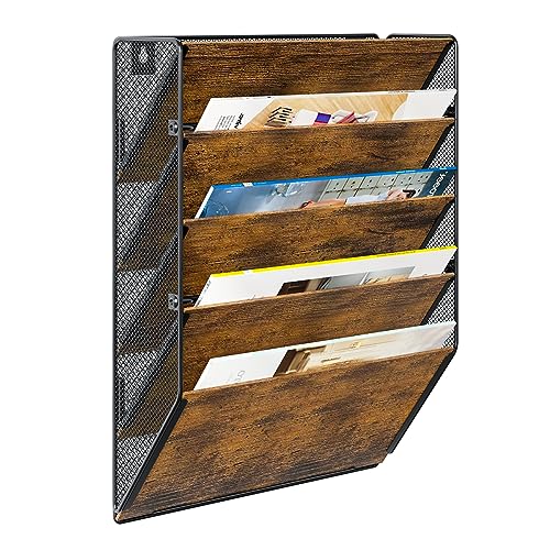 PAG Wall File Organizer for Office, 5-Tier Rustic Hanging File holder Wall Storage Rack for Documents/Magazine/Literature/File Folders/Mails/Envelopes, Brown - Image 1