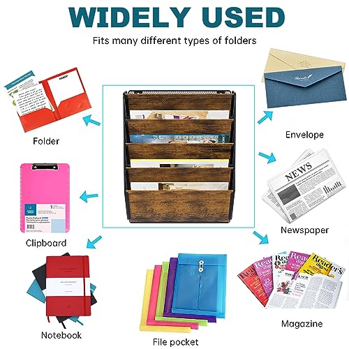 PAG Wall File Organizer for Office, 5-Tier Rustic Hanging File holder Wall Storage Rack for Documents/Magazine/Literature/File Folders/Mails/Envelopes, Brown - Image 2