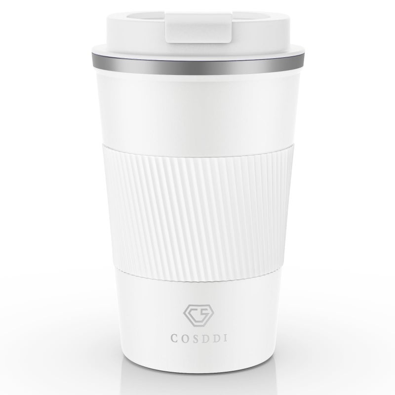CS COSDDI Travel Mugs, Insulated Coffee Cup with Leakproof Lid - Reusable Coffee Cups Travel - Car Coffee Cup - Stainless Steel Coffee Mug for Hot and Cold Water and Tea(White-A, 380 ml) - Image 1