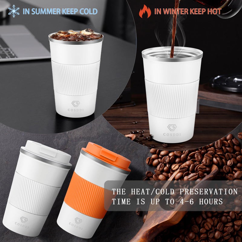 CS COSDDI Travel Mugs, Insulated Coffee Cup with Leakproof Lid - Reusable Coffee Cups Travel - Car Coffee Cup - Stainless Steel Coffee Mug for Hot and Cold Water and Tea(White-A, 380 ml) - Image 2