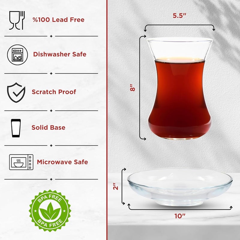 UMS Turkish Tea Glass Set, Slim Waist Design and Thick Sole Prevent Tea From Getting Cold, Easy to Keep for 12 People, 12 Saucers, 12 Glasses, Useful Set (24 Pieces) - Image 2