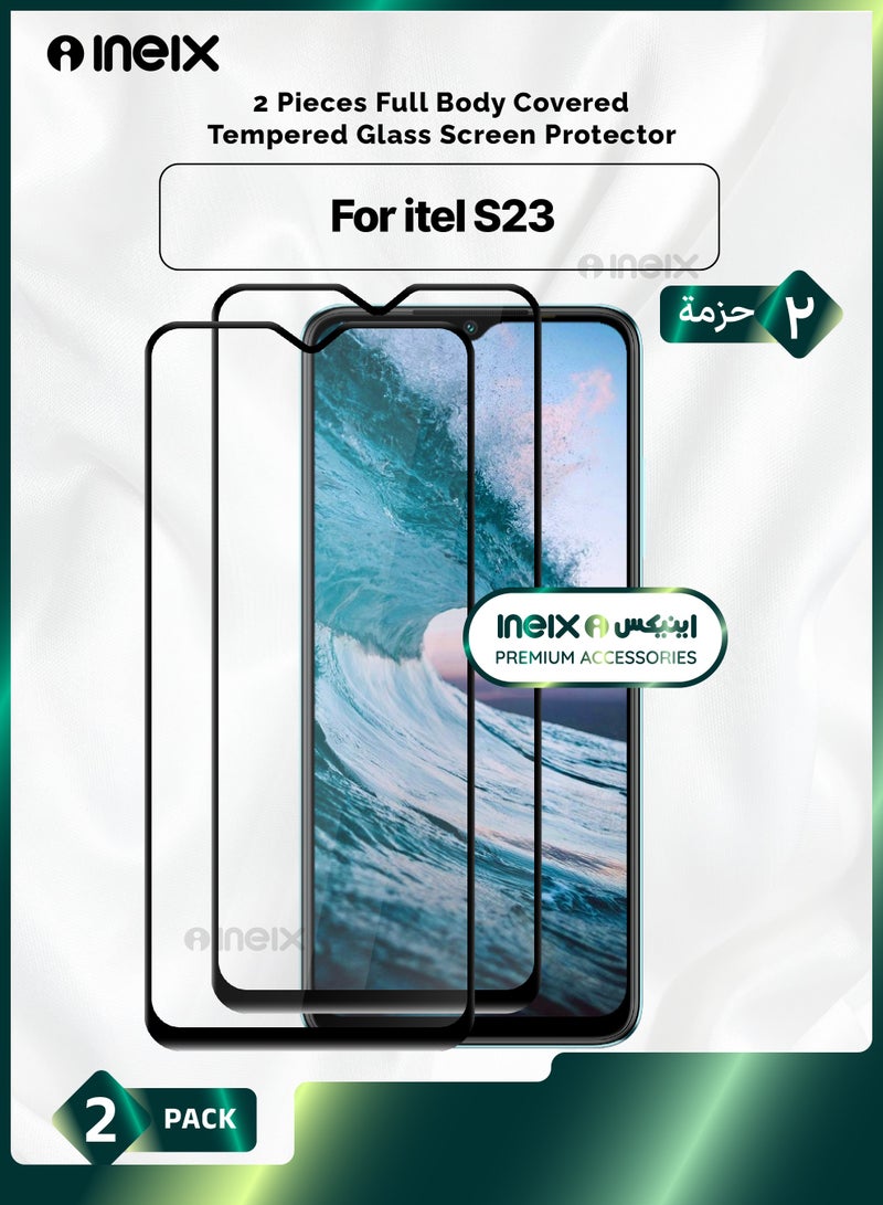 INEIX 2 Pieces Full Body Covered Tempered Glass Screen Protector For itel S23-Clear/Black - Image 1