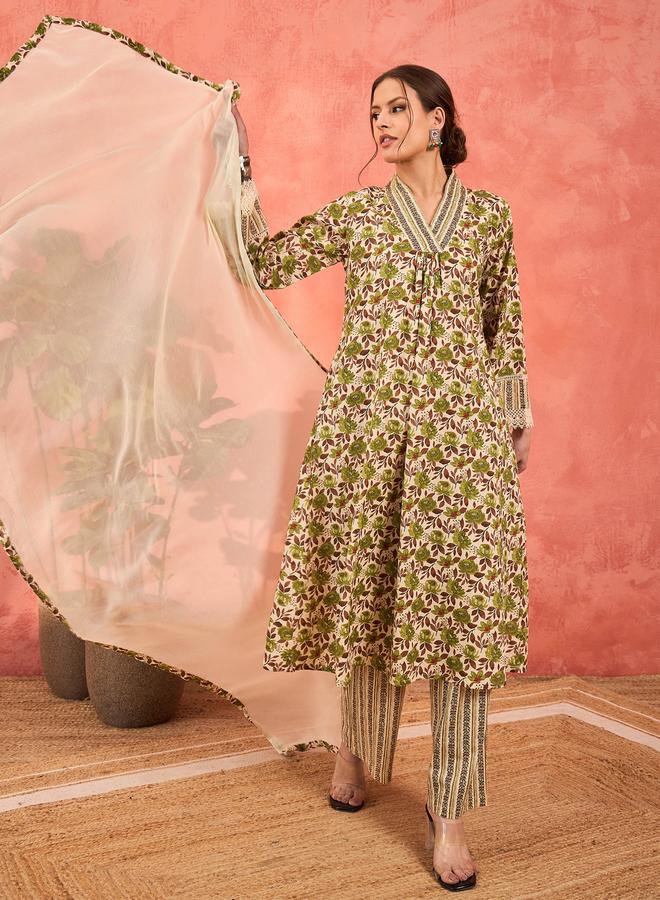 SASSAFRAS Off White and Green Floral Kurta with Pencil Pants and Dupatta Set - Image 1