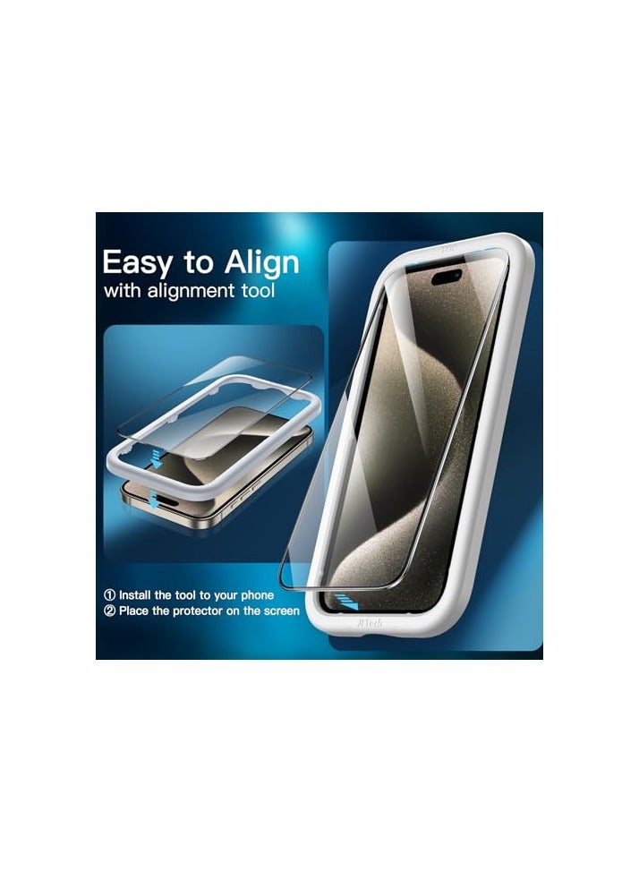 جي تيك واقي شاشة بتغطية كاملة من JETech لهاتف iPhone 15 Pro Max مقاس 6.7 بوصة، طبقة من الزجاج المقوى بحافة سوداء مع أداة تثبيت سهلة، صديق للحافظة، شفاف عالي الدقة، 3 عبوات - Image 4