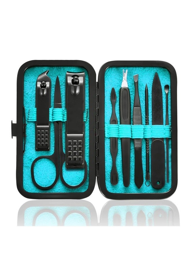 HANTEKAS Manicure Set 9 in 1 Stainless Steel, Nail Clippers Scissors Pedicure Tools Kit - Portable Travel Grooming Kit for Men and Women with Leather Case (Blue-BIG Nail Clipper)