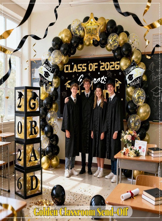 KaTiSeMo Graduation Decorations Class of 2026, 138 Pcs Black & Gold Grad Party Decor with 2026 Graduation Backdrop, Balloon Arch Kit, 4 Graduation Balloon Boxes & 3 Foil Balloons - Grad Box Decor - Image 2