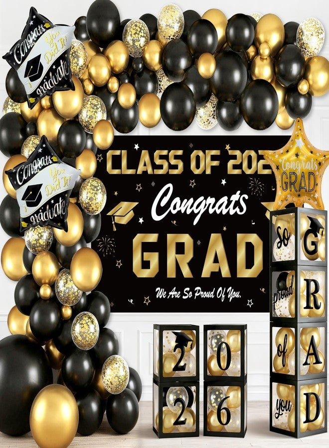 KaTiSeMo Graduation Decorations Class of 2026, 138 Pcs Black & Gold Grad Party Decor with 2026 Graduation Backdrop, Balloon Arch Kit, 4 Graduation Balloon Boxes & 3 Foil Balloons - Grad Box Decor - Image 1