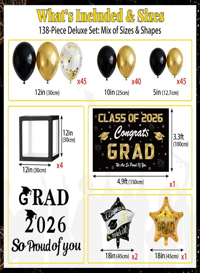 KaTiSeMo Graduation Decorations Class of 2026, 138 Pcs Black & Gold Grad Party Decor with 2026 Graduation Backdrop, Balloon Arch Kit, 4 Graduation Balloon Boxes & 3 Foil Balloons - Grad Box Decor - Image 3