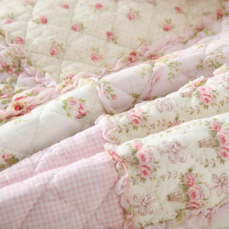 Qucover غطاء سرير مفرد Qucover مبطن وناعم 100% قطن، لحاف مرقع بأزهار وردية 150×200 سم، غطاء زخرفي للأريكة والكنبة - Image 4