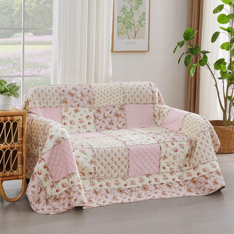 Qucover غطاء سرير مفرد Qucover مبطن وناعم 100% قطن، لحاف مرقع بأزهار وردية 150×200 سم، غطاء زخرفي للأريكة والكنبة - Image 5