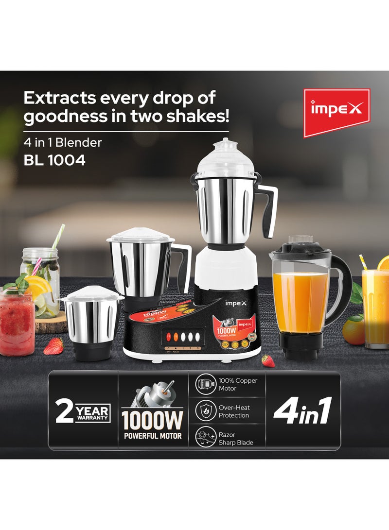 Impex 4-in-1 Mixer Grinder 1000W, BL 1004 – Heavy Duty Blender with Stainless Steel Jars & Hardened Blades, 100% Copper Motor Overheat Protection, 3-Speed Control – 1200 W BL 1004 Black/Silver - Image 2