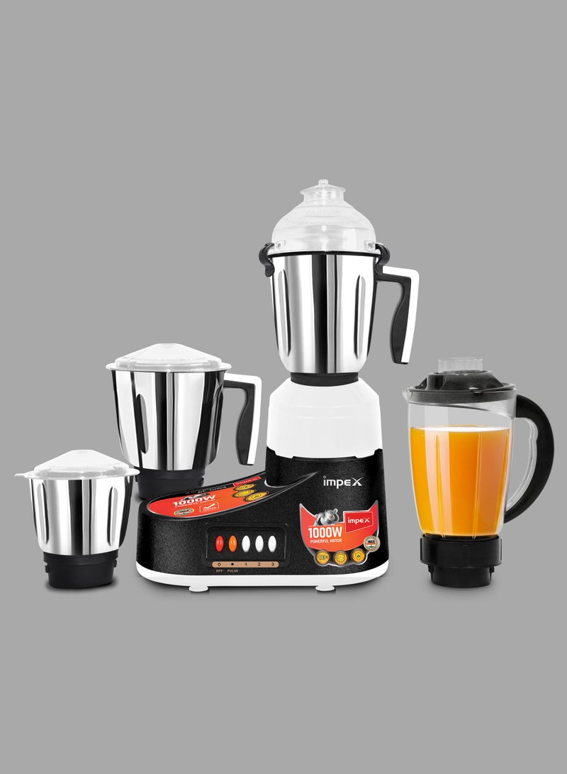 Impex 4-in-1 Mixer Grinder 1000W, BL 1004 – Heavy Duty Blender with Stainless Steel Jars & Hardened Blades, 100% Copper Motor Overheat Protection, 3-Speed Control – 1200 W BL 1004 Black/Silver - Image 1