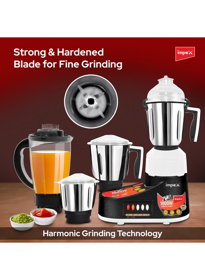 Impex 4-in-1 Mixer Grinder 1000W, BL 1004 – Heavy Duty Blender with Stainless Steel Jars & Hardened Blades, 100% Copper Motor Overheat Protection, 3-Speed Control – 1200 W BL 1004 Black/Silver - Image 4