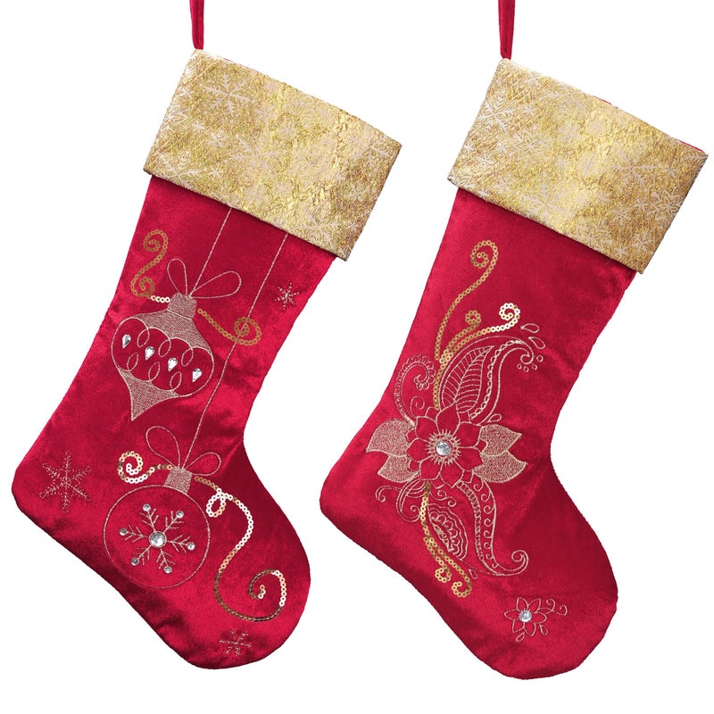 Valery Madelyn Christmas Stockings for Christmas Gifts Decorations 21 Inch Fabric 2 Pack Red Gold Flowers Embroidery Plush Personalized Fireplace Hanging Ornament for Holiday Xmas Party Decor - Image 2
