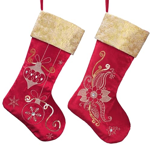 Valery Madelyn Christmas Stockings for Christmas Gifts Decorations 21 Inch Fabric 2 Pack Red Gold Flowers Embroidery Plush Personalized Fireplace Hanging Ornament for Holiday Xmas Party Decor - Image 1
