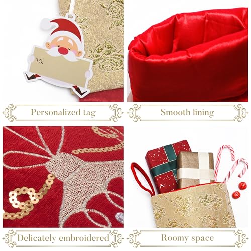 Valery Madelyn Christmas Stockings for Christmas Gifts Decorations 21 Inch Fabric 2 Pack Red Gold Flowers Embroidery Plush Personalized Fireplace Hanging Ornament for Holiday Xmas Party Decor - Image 3