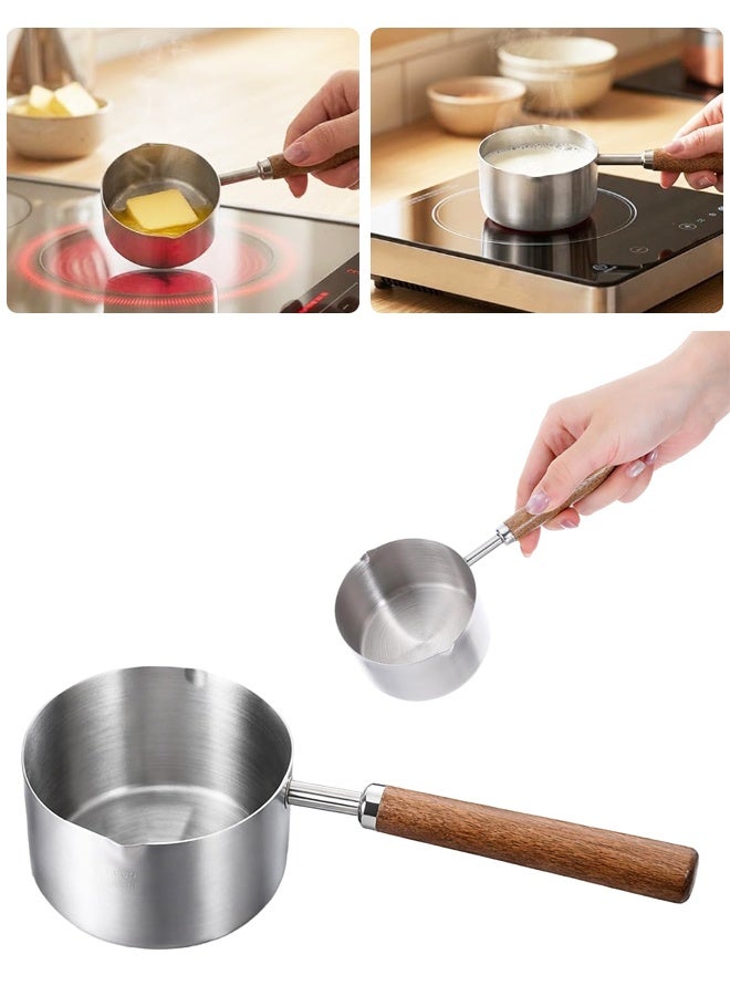 250ml Stainless Steel Mini Milk Butter Warmer Pot With Pour Spout Wood Handle - Image 1