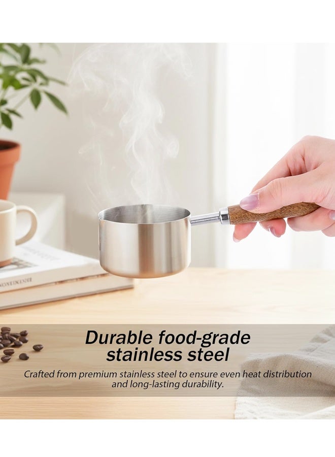250ml Stainless Steel Mini Milk Butter Warmer Pot With Pour Spout Wood Handle - Image 3