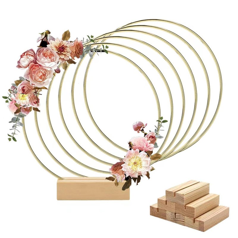 Worown 6 Pack 10 Inch Floral Hoop Centerpiece for Wedding Gold Metal Rings with Wooden Stand Table Decor Wreath Decor for Wedding Party Wall Hanging 25cm Hoop 315in Base - Image 2