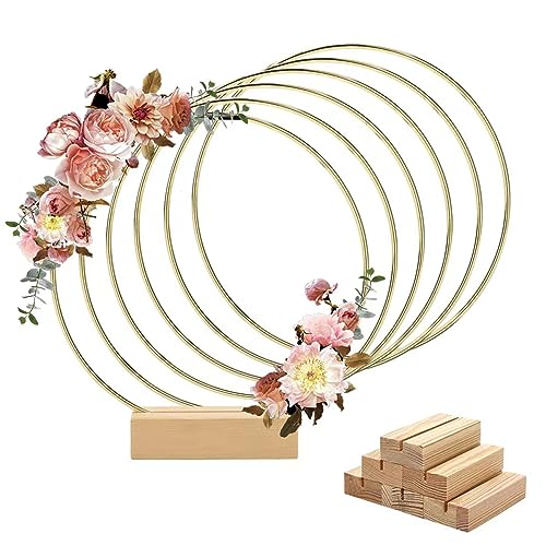 Worown 6 Pack 10 Inch Floral Hoop Centerpiece for Wedding Gold Metal Rings with Wooden Stand Table Decor Wreath Decor for Wedding Party Wall Hanging 25cm Hoop 315in Base - Image 1