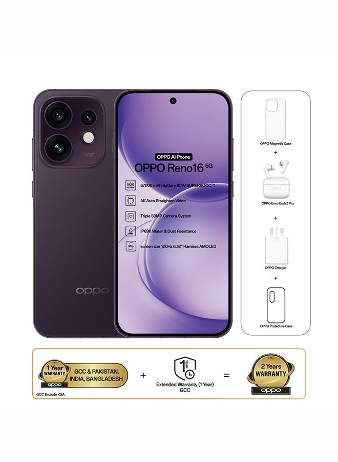 OPPO Reno16 AI Phone Dual SIM 5G Twilight Violet 12GB RAM 256GB With OPPO Enco Buds3 Pro + OPPO Magnetic Case - Middle East Version - Image 1