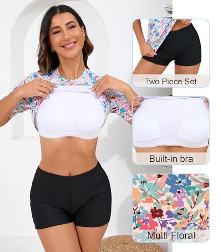 Halcurt Womens 2 Piece Rash Guard Swimsuit Boy Shorts Swim Shirt with Built in Bra Floral M - Image 3