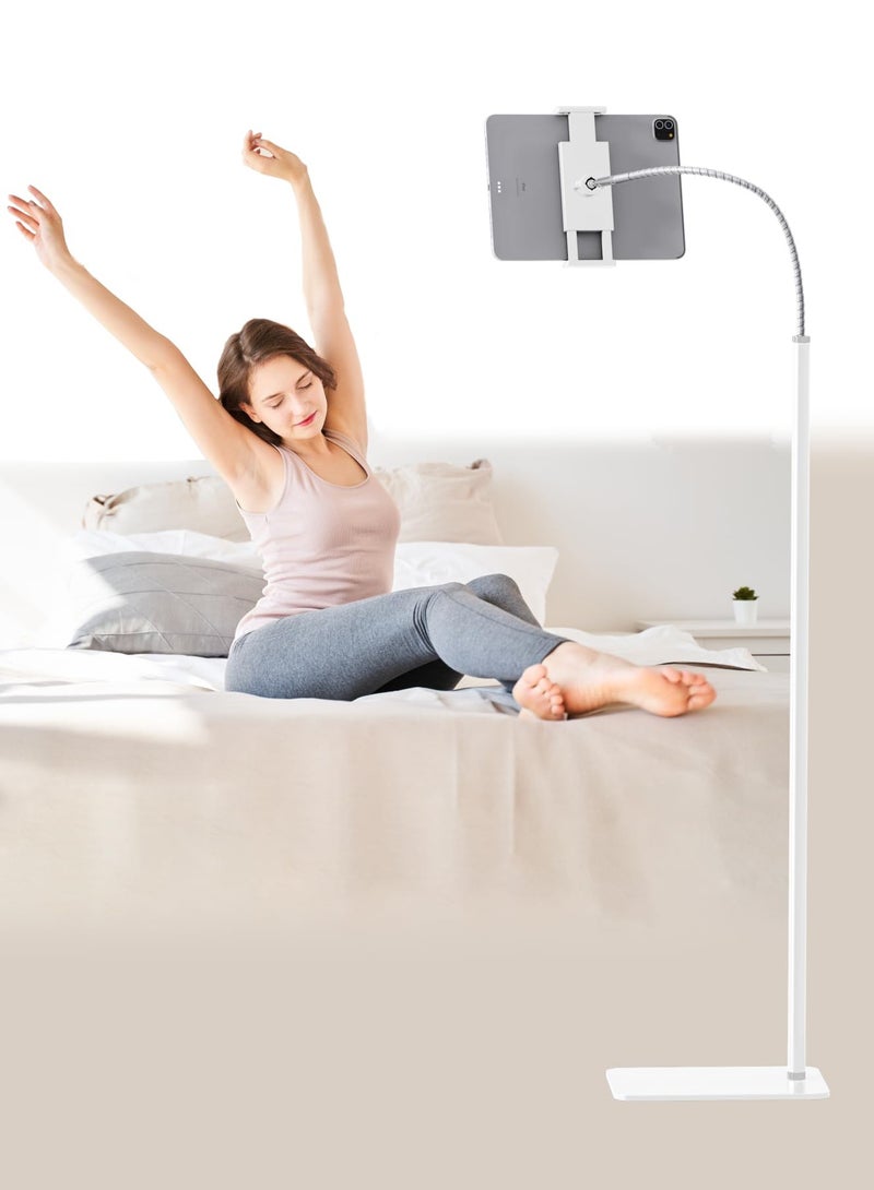 XiuWoo Gooseneck Tablet Floor Stand with Stable Aluminum Base,Adjustable Metal Tablet Stand Holder for 4-12.9 inch Smart Phone Tablet,Cell Phone eBook Reader,White - Image 1