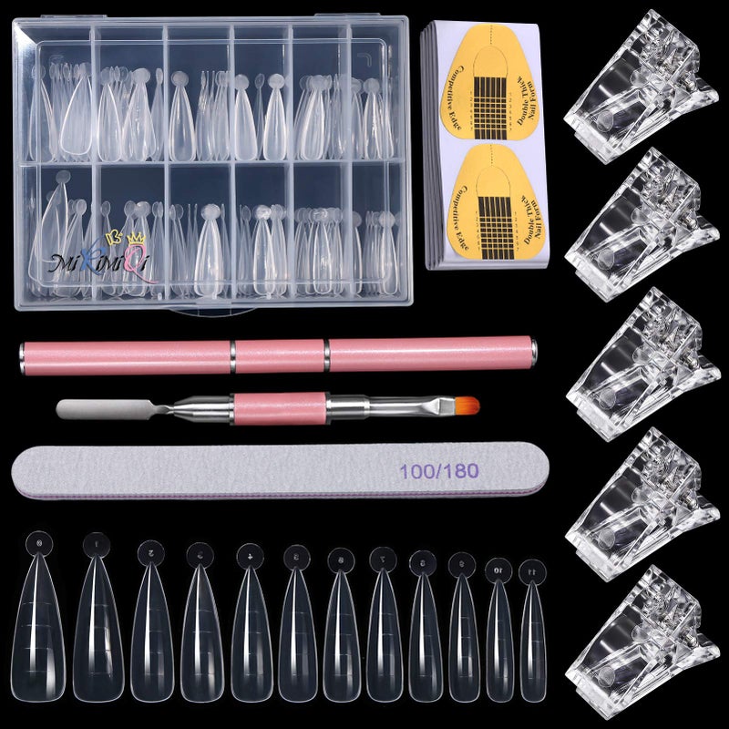 MIKIMIQI Dual Nail Forms Set 120Pcs Stiletto Gel Nail Molds 100PCS Nail Art Extension Guide Form Tool 5Pcs Poly Gel Quick Building Nail Tips Clip 1Pc Dual-Ended Brush Nail File - Image 1