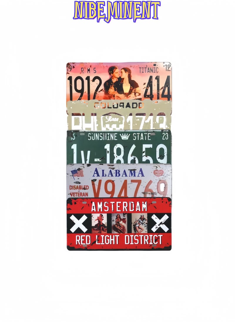 NIBEMINENT 5 Pieces Assorted Retro Vintage Car Number Tags, Embossed Prop License Plates, Home Wall Automobile Bar Garage DIY Decoration, 6x12 inch  - Image 1