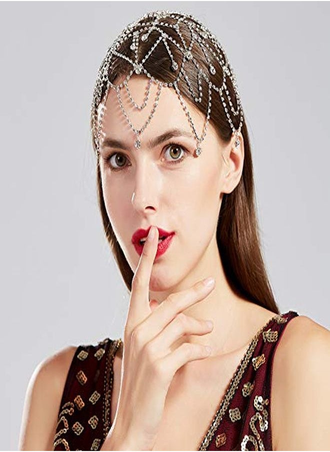 BABEYOND 1920S Crystal Headband Cap Roaring 20S Great Gatsby Hair Accessories For Dance Party (Silver)  - Image 2