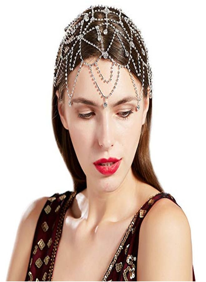 BABEYOND 1920S Crystal Headband Cap Roaring 20S Great Gatsby Hair Accessories For Dance Party (Silver)  - Image 1