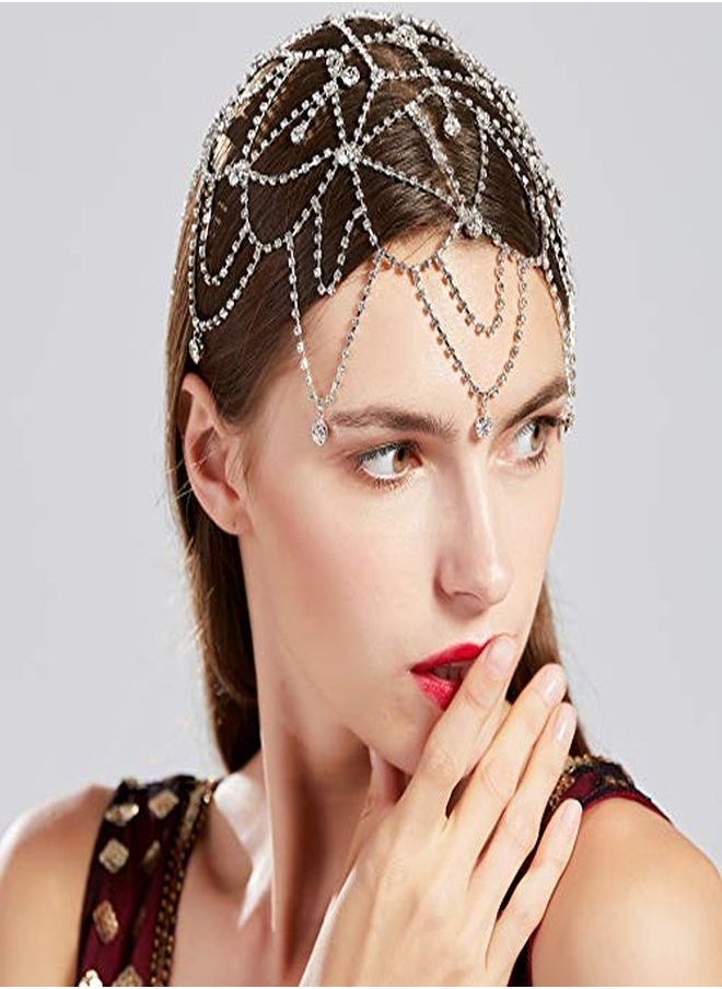 BABEYOND 1920S Crystal Headband Cap Roaring 20S Great Gatsby Hair Accessories For Dance Party (Silver)  - Image 3