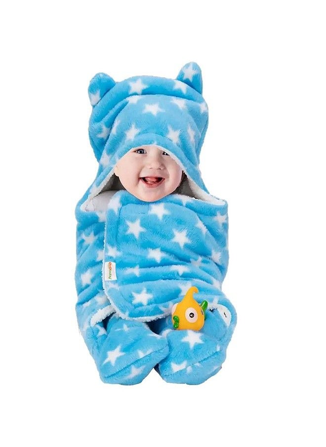 OYO BABY 3 In 1 Hooded Baby Blanket Wrapper(Star Blue 78Cm X 68Cm) Swaddle For New Born ; All Season ; 0 6 Months ; Sleeping Bag ; Great Gift ; Multipurpose Comforter ; Baby Ac Blanket  - Image 1