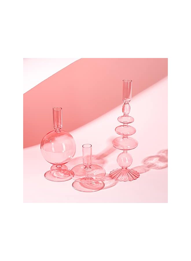 The Bros 3 Pcs Glass Candlestick Holders Glass Taper Candle Holders Groovy Candlestick Wavy Elegant Glass Candlestick for Home Party Centerpiece(Pink) - Image 5