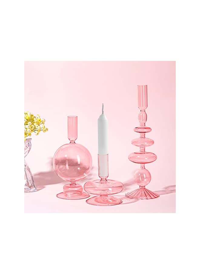 The Bros 3 Pcs Glass Candlestick Holders Glass Taper Candle Holders Groovy Candlestick Wavy Elegant Glass Candlestick for Home Party Centerpiece(Pink) - Image 4