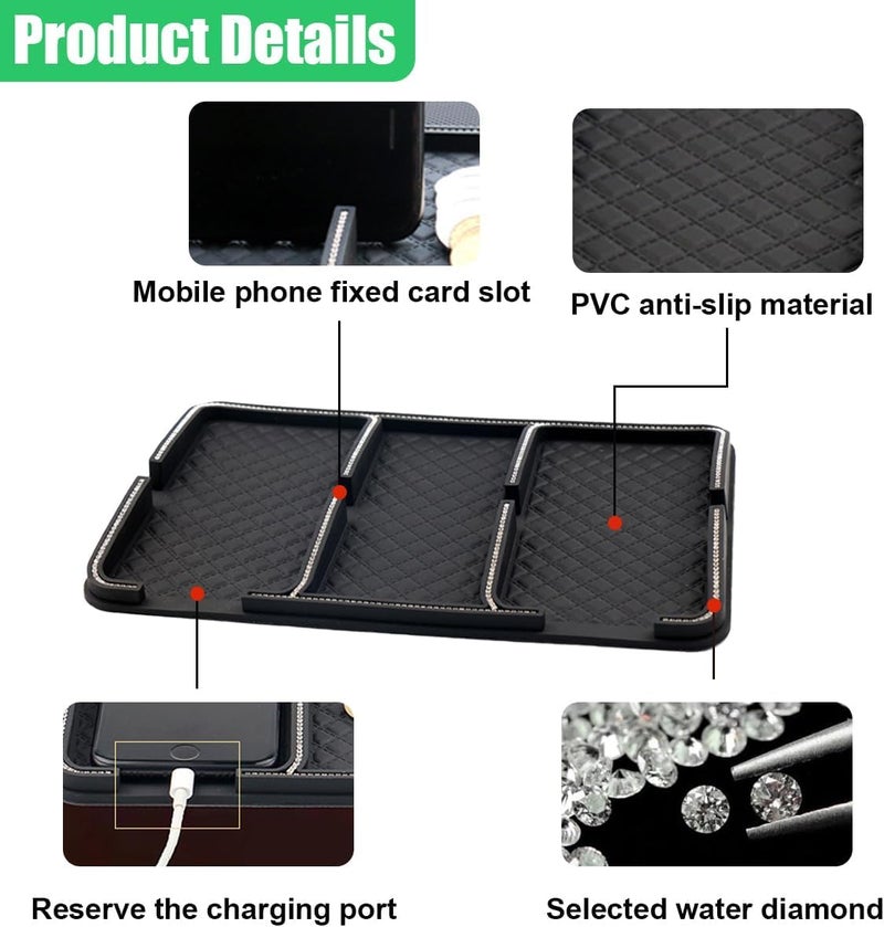 Bling Rhinestone Car Dashboard Mat, Non-Slip Grip Pad & Phone Holder, Anti-Slip Center Console Tray, Car Interior Accessories for Keys, Sunglasses - Image 2