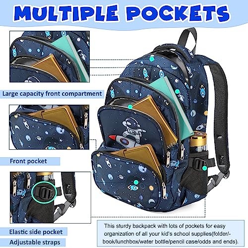 BLUEFAIRY School Backpack for Boys Kids Elementary School Book Bags Space Spaceman Astronaut Back to School Bookbags Mochilas Escolares para NiÃ±o 17" Navy Blue - Image 3