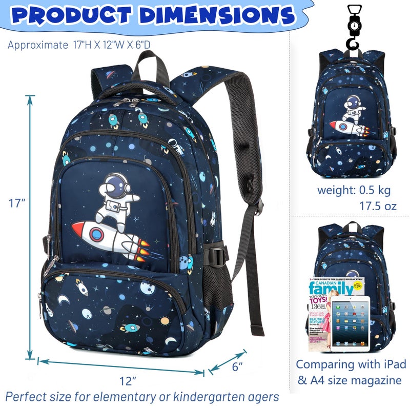 BLUEFAIRY School Backpack for Boys Kids Elementary School Book Bags Space Spaceman Astronaut Back to School Bookbags Mochilas Escolares para NiÃ±o 17" Navy Blue - Image 5