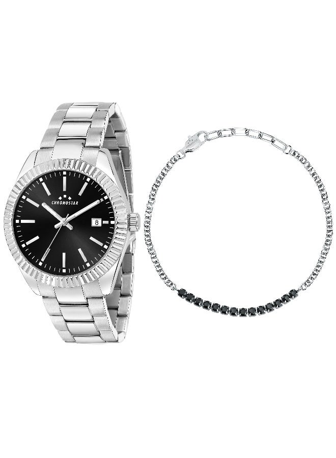 Chronostar Men's Black Round Analog Dial with Silver Stainless Steel Band Watch - 41mm - R3753312004 - Image 1