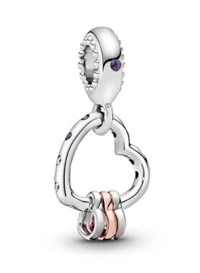 Two-Tone Interlocking Heart Lock Purple Crystal Dangle Charm