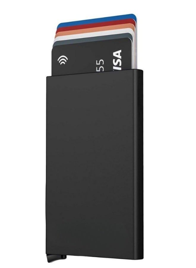 محفظة بطاقات ألومنيوم فائقة النحافة بتقنية RFID مع آلية إخراج منبثقة - حافظة بطاقات معدنية بتصميم بسيط للرجال والنساء، حامل آمن لبطاقات الائتمان والهوية، محفظة جيب صغيرة الحجم كهدية، تتسع لما يصل إلى 12 بطاقة، إكسسوار عصري للاستخدام اليومي - Image 1