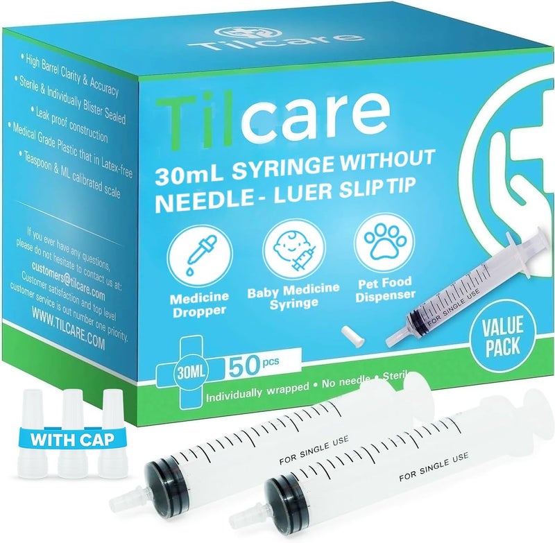 Tilcare 30ml Oral Dispenser Syringe with Cover 50 Pack by - Luer Slip Sterile Plastic Medicine Food Droppers for Children, Pets & Adults – Latex-free Medication Dispenser - Large Feeding Tube Syringes - Image 1