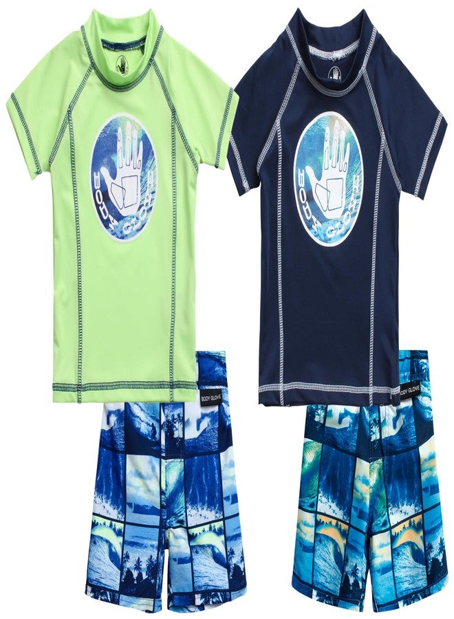 Body Glove Toddler Baby Boys' Rash Guard Set - 4 Piece UPF 50+ Short Sleeve Swim Shirt and Bathing Suit Swimsuit Set for Boys, Size 2T, Dark Navylime Beach - Image 1