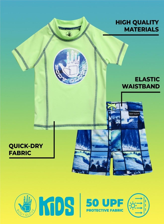 Body Glove Toddler Baby Boys' Rash Guard Set - 4 Piece UPF 50+ Short Sleeve Swim Shirt and Bathing Suit Swimsuit Set for Boys, Size 2T, Dark Navylime Beach - Image 2
